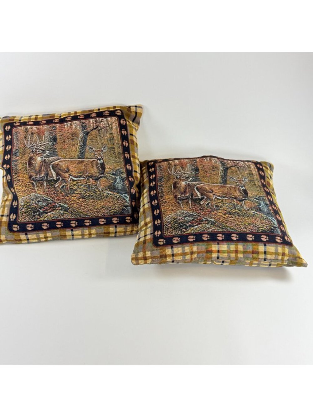 Rivers Edge Products Tapestry Throw Pillows 18x18 Inch Brown Plaid With Deer Pai - Picture 7 of 8